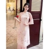 Áo dài tết nữ voan ánh kim họa tiết hoa anh đào, cổ cao tay lững, kèm quần dài phi lụa - mẫu mới giảm giá 3