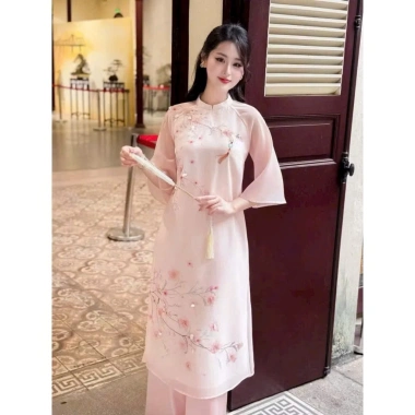 Áo dài tết nữ voan ánh kim họa tiết hoa anh đào, cổ cao tay lững, kèm quần dài phi lụa - mẫu mới giảm giá 3