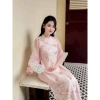 Áo dài tết nữ voan ánh kim họa tiết hoa anh đào, cổ cao tay lững, kèm quần dài phi lụa - mẫu mới giảm giá 4