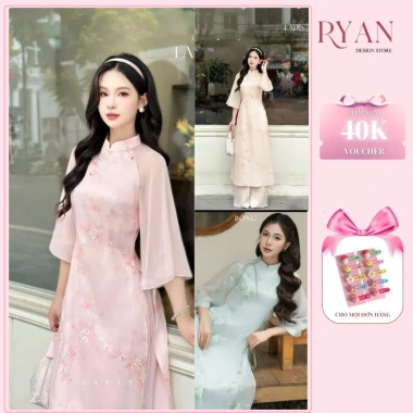 Áo dài Tết set tơ tấm ánh kim, thêu phối quần lụa 3 màu Y Hình - Haicogai