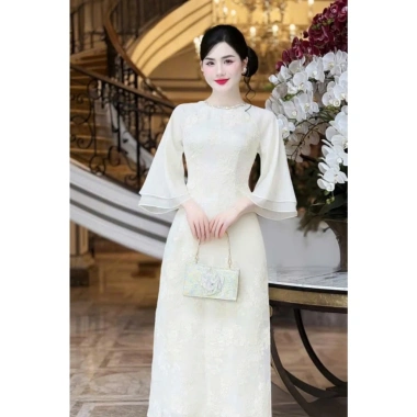 Áo dài tết thời trang nữ chất tơ thêu cổ tròn đính ngọc tay lỡ, quần lụa dài ống suông - Giá 186.240 VND giảm