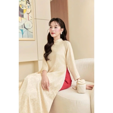 Áo dài tết Tố Nhiên cách tân họa tiết Cúc Họa Mi, suông rộng, gấm cao cấp, 2 tà - Giá 360.000