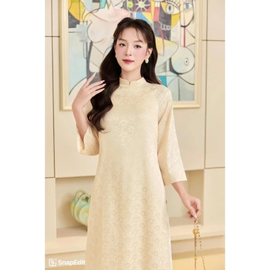 Áo dài tết Tố Nhiên cách tân họa tiết Cúc Họa Mi, suông rộng, gấm cao cấp, 2 tà - Giá 360.000