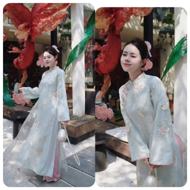 Áo Dài Tết Voan Thêu 4 Tà Hoa Sen Xanh Thanh Cao Sắc Xuân Mẫu Mới VT99 298.770đ