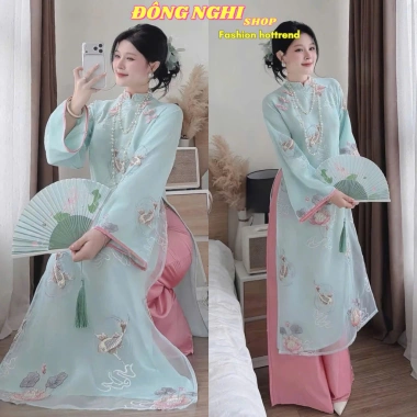 Áo dài Tết Voan thêu cá chép hoa sen nút tàu quần satin giá ưu đãi 297.515