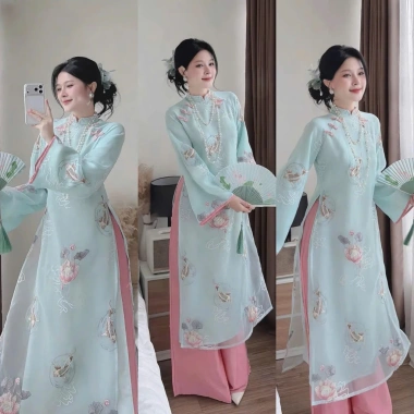 Áo dài Tết Voan thêu cá chép hoa sen nút tàu quần satin giá ưu đãi 297.515