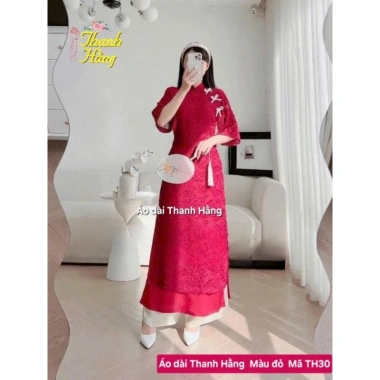 Áo dài Thanh Hằng lông vũ Yến Phượng đính nơ 4 tà đỏ‑hồng‑kem – TH30 giá 100k