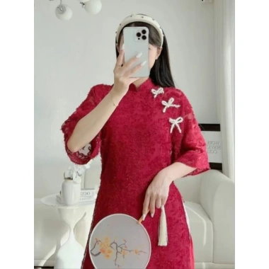 Áo dài Thanh Hằng lông vũ Yến Phượng đính nơ 4 tà đỏ‑hồng‑kem – TH30 giá 100k 7 Áo dài Thanh Hằng lông vũ Yến Phượng đính nơ 4 tà đỏ‑hồng‑kem – TH30 giá 100k 7