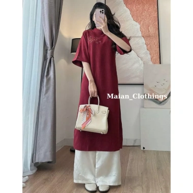 Áo dài thêu hoa Maian tay lửng nhung, quần lụa mềm mịn, mặc Tết - Giá 55.999₫ 2