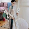 Áo Dài Thiên Dy Vải Tơ Tằm Thọ Dệt Cổ Trơn Viền Đính Cúc - Đẹp Dạ Lễ Tết 470k 7