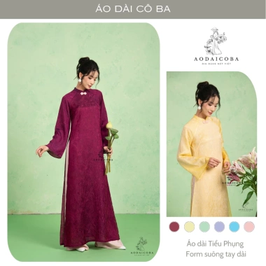 Áo Dài Tiểu Phụng Gấm Tằm Ánh Kim Đính Nơ Suông Dài Tay Loe Mặc Tết 329k Cô Ba