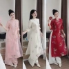 Áo dài tơ tay lỡ cổ tròn hoa sen cá chép quần suông dài chất Kate NANA du xuân Tết