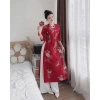 Áo dài tơ tay lỡ cổ tròn hoa sen cá chép quần suông dài chất Kate NANA du xuân Tết 3
