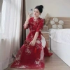Áo dài tơ tay lỡ cổ tròn hoa sen cá chép quần suông dài chất Kate NANA du xuân Tết 4