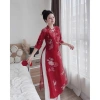 Áo dài tơ tay lỡ cổ tròn hoa sen cá chép quần suông dài chất Kate NANA du xuân Tết 5