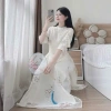 Áo dài tơ tay lỡ cổ tròn hoa sen cá chép quần suông dài chất Kate NANA du xuân Tết 8