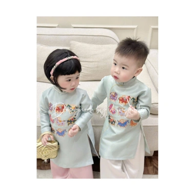 Áo dài trẻ em cặp đôi 2 màu xanh vàng - gấm cao cấp, thêu tinh tế, giá ưu đãi 117k