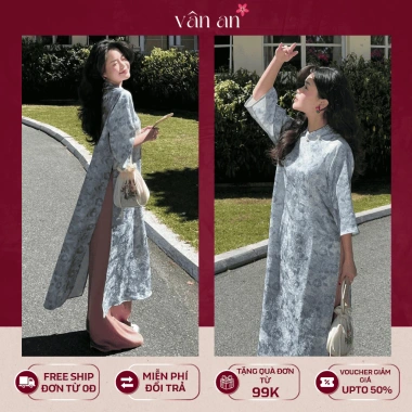 Áo Dài Trúc Lam Vân An Tết 2.026 - Dáng Suông Tay Lỡ Hai Tà, Gấm Dệt Nổi, Charm Hoa 5