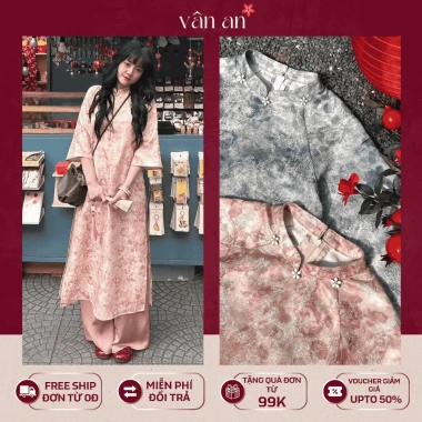 Áo Dài Trúc Lam Vân An Tết 2.026 - Dáng Suông Tay Lỡ Hai Tà, Gấm Dệt Nổi, Charm Hoa 6