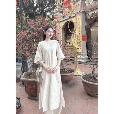 Áo Dài Uyển Nhi Gấm Cách Tân Cổ Tròn - Thiết kế ăn hỏi lễ Tết, giảm còn 300.300₫