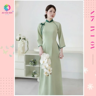 Áo dài Vân Chi dáng ôm lụa ngọc trai, nơ cách điệu trẻ trung - Áo Dài Sen 200k