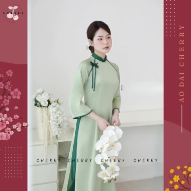 Áo Dài Vân Chi Truyền Thống Lụa Ngọc Trai Mềm Mát Tay Lỡ Thêu Nơ Cherry - 520k 2