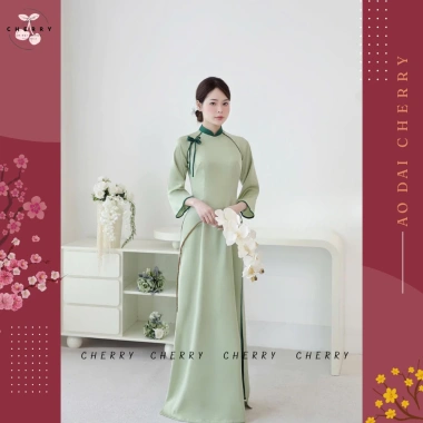 Áo Dài Vân Chi Truyền Thống Lụa Ngọc Trai Mềm Mát Tay Lỡ Thêu Nơ Cherry - 520k 3