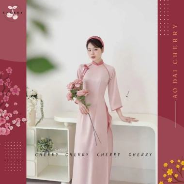 Áo Dài Vân Chi Truyền Thống Lụa Ngọc Trai Mềm Mát Tay Lỡ Thêu Nơ Cherry - 520k 6