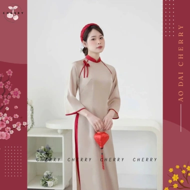 Áo Dài Vân Chi Truyền Thống Lụa Ngọc Trai Mềm Mát Tay Lỡ Thêu Nơ Cherry - 520k 8