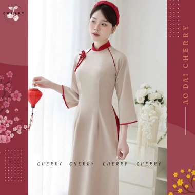 Áo Dài Vân Chi Truyền Thống Lụa Ngọc Trai Mềm Mát Tay Lỡ Thêu Nơ Cherry - 520k 9