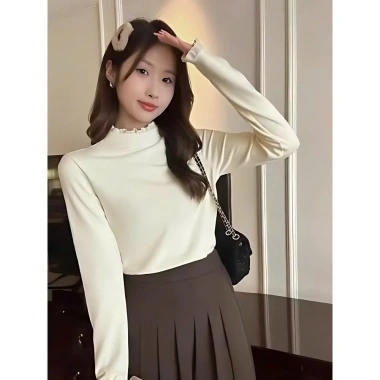 Áo giữ nhiệt nữ ren phối, cổ tròn dài tay phong cách Hàn Quốc, thun cotton mềm, ưu đãi 85k – A444 PANOSI 3