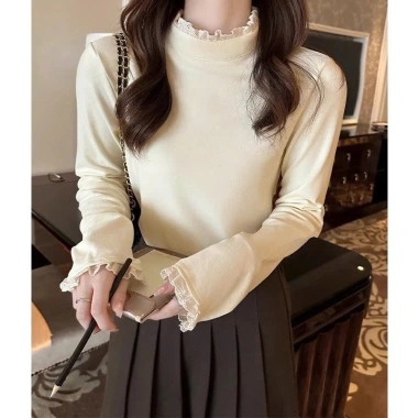 Áo giữ nhiệt nữ ren phối, cổ tròn dài tay phong cách Hàn Quốc, thun cotton mềm, ưu đãi 85k – A444 PANOSI 5