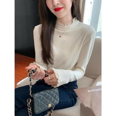 Áo giữ nhiệt nữ ren phối, cổ tròn dài tay phong cách Hàn Quốc, thun cotton mềm, ưu đãi 85k – A444 PANOSI 6
