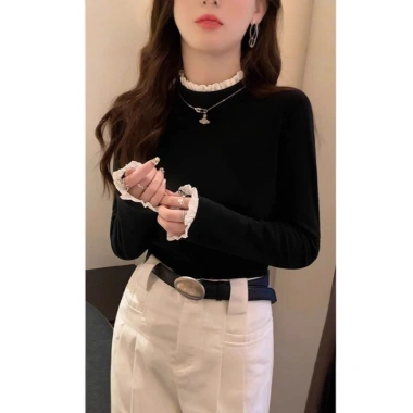 Áo giữ nhiệt nữ ren phối, cổ tròn dài tay phong cách Hàn Quốc, thun cotton mềm, ưu đãi 85k – A444 PANOSI 8