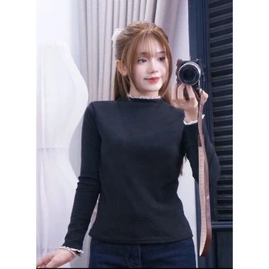 Áo giữ nhiệt nữ ren phối, cổ tròn dài tay phong cách Hàn Quốc, thun cotton mềm, ưu đãi 85k – A444 PANOSI 9