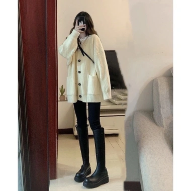 Áo khoác cardigan dệt kim unisex thu đông, màu trơn rộng rãi, giảm 20% - 154.700₫