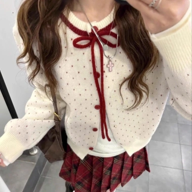 Áo khoác Cardigan len chấm bi + nơ tiểu thư, giao trước Tết, QC Loại 1, chỉ 199k