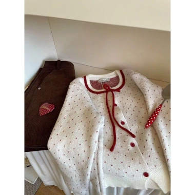Áo khoác Cardigan len chấm bi phối nơ tiểu thư – Giao trước Tết, chỉ 199k (QC Loại 1)