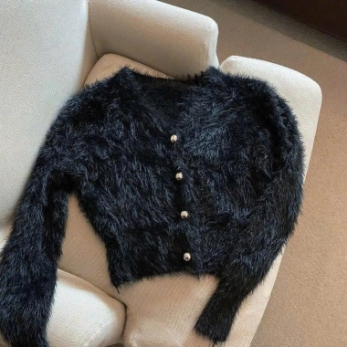 Áo khoác cardigan len lông thỏ cổ V khuy đồng tiểu thư sang chảnh cỡ lớn DABA SP25