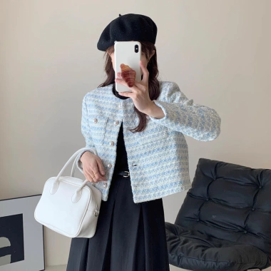 Áo khoác caro xanh dương dạ tweed nữ mỏng nhẹ, cardigan ôm body phong cách Y2K - 180.400₫