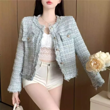 Áo khoác caro xanh dương dạ tweed nữ mỏng nhẹ, cardigan ôm body phong cách Y2K - 180.400₫