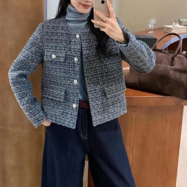 Áo khoác caro xanh dương dạ tweed nữ mỏng nhẹ, cardigan ôm body phong cách Y2K - 180.400₫