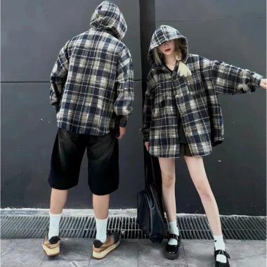 Áo khoác chống nắng nam nữ Flannel Form rộng cotton caro dày dặn - 75.500đ DOKYJI