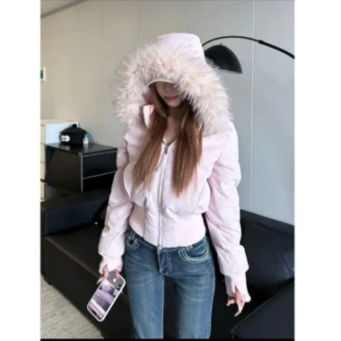 Áo khoác cotton ngắn cổ lông chắp vá Hàn Quốc ấm áp mùa đông giảm giá Tết 480k