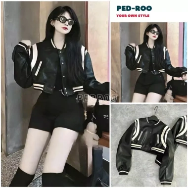 Áo khoác croptop da bomber viền vai trắng Teddy hottrend siêu thịnh hành, giá 115k 7
