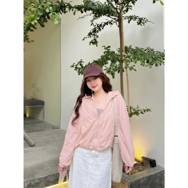 Áo khoác croptop nữ 2 lớp gió nhăn chống nắng che mưa dây rút mũ trùm thể thao – 109k 2
