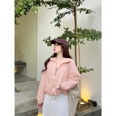 Áo khoác croptop nữ 2 lớp gió nhăn chống nắng che mưa dây rút mũ trùm thể thao – 109k 3