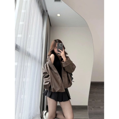 Áo khoác da 2 lớp form rộng cúc đôi bo chun viền gấu siêu xinh - chỉ 49.000đ 4