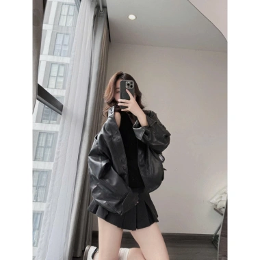 Áo khoác da 2 lớp form rộng cúc đôi bo chun viền gấu siêu xinh - chỉ 49.000đ 5