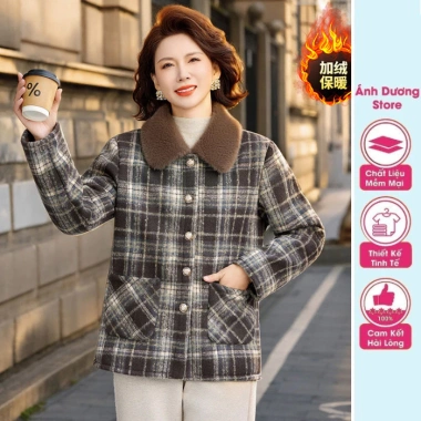 Áo khoác dạ caro lót lông dày ấm áp cho mẹ trung niên – Mặc Tết đẹp, chỉ 429.600₫